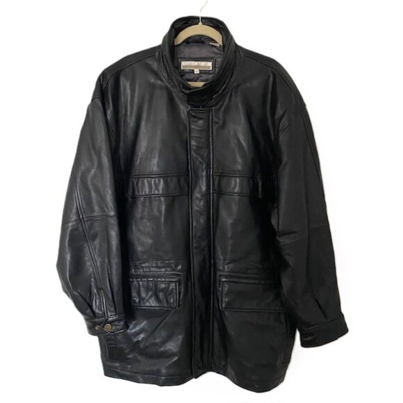 VTG Perry Ellis 90s Bomber Oversized Heavy Leather Snap Buttons Zip Jacket Sz XL - Picture 1 of 11